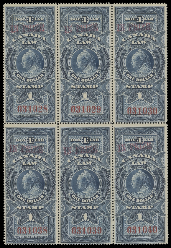 CANADA REVENUES (FEDERAL)  FSC30,A spectacular mint block of six overprinted "IN PRIZE" in red with serial numbers "031028 / 031040", brilliant fresh colour with full original gum, relatively lightly hinged on three stamps, leaving top centre, lower left and lower right stamps NEVER HINGED. According to the Zaluski record of known examples, this is the largest surviving "IN PRIZE" overprinted multiple of the Supreme Court $1 blue Widow Queen; a wonderful showpiece, Fine+ LH / NH 

Of the mere 440 stamps overprinted only 120 have been reported by Zaluski, this block originates from the first overprinted sheet (with serial numbers 031001 / 031040).