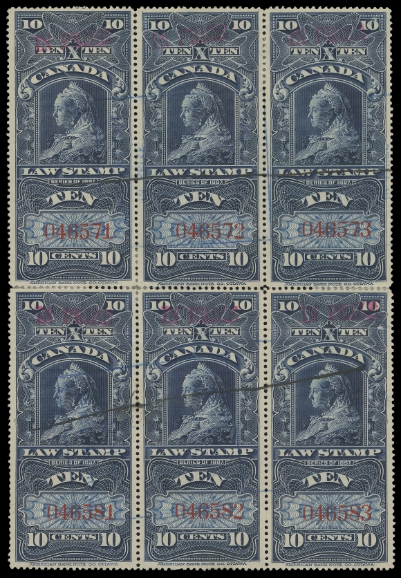 CANADA REVENUES (FEDERAL)  FSC29,A very rare used block of six overprinted "IN PRIZE" in red with serial numbers "046571 / 046583", light boxed "Exchequer Court IN PRIZE" cancels in blue in addition to manuscript lines, well centered, light horizontal creasing from usage, a few split perfs strengthened by hinge, top left pair shows portion of albino seal. An impressive intact fiscally used "IN PRIZE" overprinted multiple of VF appearance; we doubt anything remotely similar exists. (Van Dam cat. $5,700 as singles)