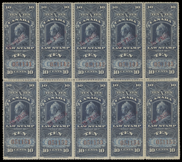CANADA REVENUES (FEDERAL)  FSC29,A phenomenal mint block of ten overprinted "IN PRIZE" in red with serial numbers "051141 / 051155" from the last sheet of the 10 sheets of 40 overprinted, a beautifully fresh and quite well centered block, sensibly strengthened perforations in places; pencil signed K. Bileski on reverse. We know of only one other similar block (Auchenbraith sale, Eastern Auctions, March 2022; Lot 1037), extremely rare, VF OG