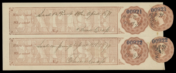 CANADA REVENUES (FEDERAL)  FLS10a,Booklet pane of two used and dated "1871" in manuscript in tab margin and on serial numbered vignettes, F-VF