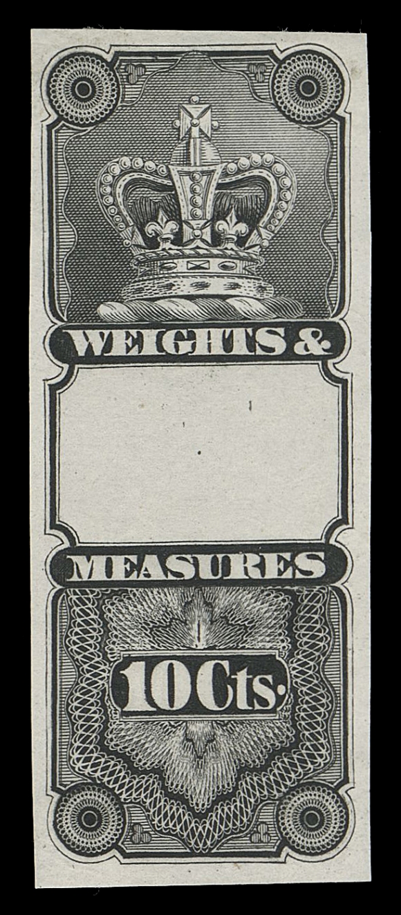 CANADA REVENUES (FEDERAL)  FWM1/FWM12,A marvelous group of seventeen different issued colour or trial colour proofs on india paper with well clear to large margins, all known denominations are represented; a few with natural india wrinkle or unevenness, brilliant fresh colours with sharp impressions. Includes the following:

Black - 1c, 2c, 10c, 50c, $2; Brown - 1c, 2c, 5c, $2; Dull Violet - 10c; Orange Red - 15c; Orange / Red Brown - $1, $2; Green / Yellow Green - 20c, $1.50; Lake - 30c; and in Blue - 50c.

Even though Zaluski identifies these as plate proofs, their rarity tends to suggest that they are stamp size die proofs. A great lot for the specialist, F-VF
