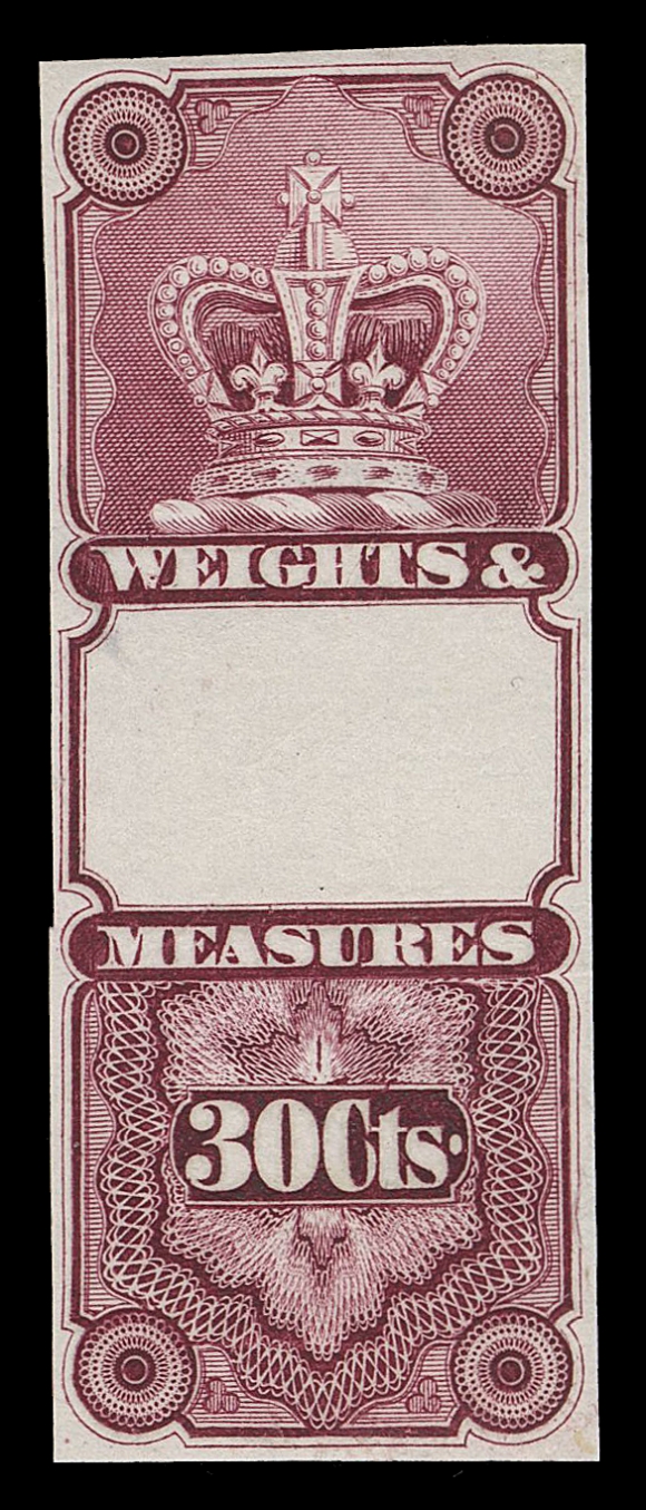 CANADA REVENUES (FEDERAL)  FWM1/FWM12,A marvelous group of seventeen different issued colour or trial colour proofs on india paper with well clear to large margins, all known denominations are represented; a few with natural india wrinkle or unevenness, brilliant fresh colours with sharp impressions. Includes the following:

Black - 1c, 2c, 10c, 50c, $2; Brown - 1c, 2c, 5c, $2; Dull Violet - 10c; Orange Red - 15c; Orange / Red Brown - $1, $2; Green / Yellow Green - 20c, $1.50; Lake - 30c; and in Blue - 50c.

Even though Zaluski identifies these as plate proofs, their rarity tends to suggest that they are stamp size die proofs. A great lot for the specialist, F-VF
