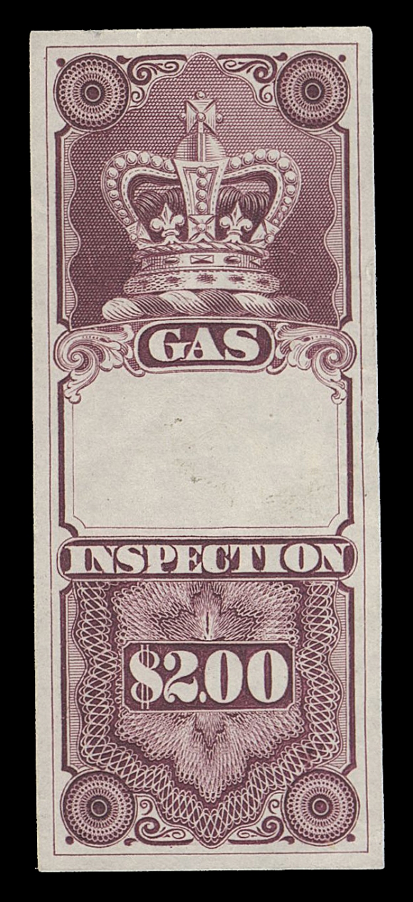 CANADA REVENUES (FEDERAL)  FG1-FG7,An impressive lot of thirteen different issued colour or trial colour proofs on india paper with well clear to large margins, all seven denominations from the original set are represented; some with natural india paper wrinkle or unevenness, brilliant fresh colours with sharp impressions. Includes the following:

Black - 50c, $1, $1.50, $2; Dull Grey Lilac - 25c; Violet - 50c, $3, $4; Crimson Red - $1, $2, $3; Green - $1.50; and Rose Lilac - $2. 

In addition to the proofs above, the lot contains $1 unfinished proofs in blue and in black on card, manuscript "Samples rejected" and "Samples chosen" in blank area (where serial number would be placed), these last two quite likely one-of-a-kind items.

Even though Zaluski identifies these as plate or trial colour plate proofs, some different than the ones listed, their rarity would suggest that they may be stamp size die proofs. A wonderful opportunity to acquire these very seldom seen proofs, F-VF
