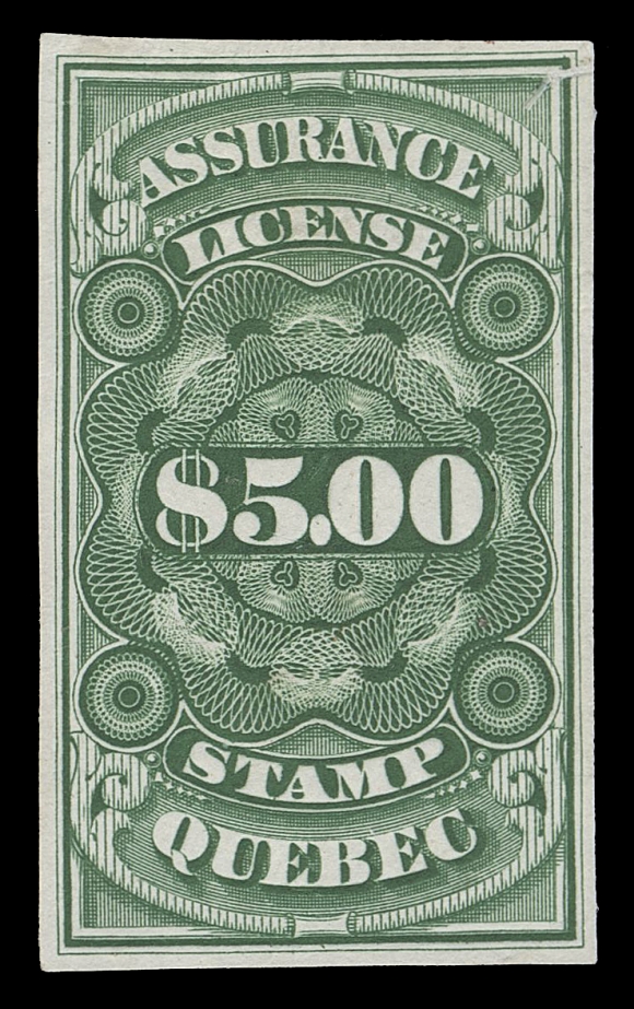 CANADA REVENUES (PROVINCIAL)  QA1/QA15,A remarkable lot consisting of 42 different plate proofs on india paper in four different colours, printed by BABN, all fifteen  denominations are represented in one colour or another, some with usual india wrinkles or minor imperfections, nevertheless very  elusive with such comprehensive representation. Includes the  following:

Deep Green - 2c, 4c, 10c, 30c, 40c (yellow green), 50c, $1, $2,  $4, $5
Deep Dull Blue - 1c, 2c, 4c, 5c, 10c, 30c, 40c, 50c, $2, $3, $5  (privately perforated)
Slate Lilac - 1c, 2c, 3c, 5c, 10c, 20c, 50c, $1, $3, $4, $5
Crimson - 1c, 3c, 4c, 5c, 20c, 30c, 40c, $2, $3, $5.

An appealing group of these elusive proofs, F-VF
