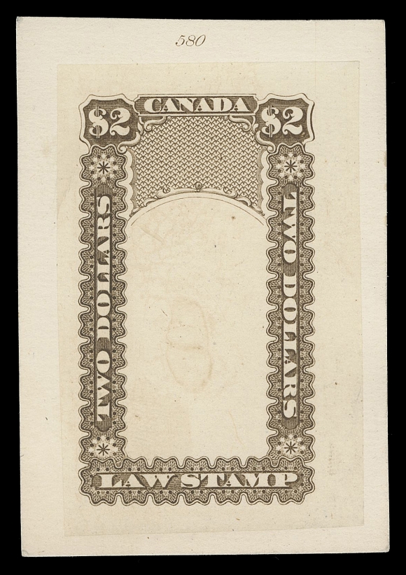 CANADA REVENUES (PROVINCIAL)  OL1-OL15,An impressive complete set of fifteen "Goodall" die proofs, printed (circa. 1879) in dark yellowish brown on india paper and die sunk on individual original cards, the $4 has since been lifted; some paper adherence on back of each quite likely from a American Bank Note Company archival book. Several with die number above or below design; the low and medium values from 5c to the 90c show the engraved Justice design. The $1 to $5 high values with frame only due to the fact that they were originally printed in two colours. A very rare intact "Goodall" set of die proofs, VF (Van Dam OL1-OL15)