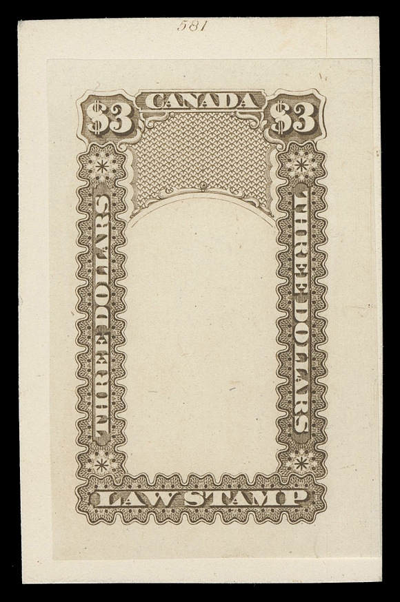 CANADA REVENUES (PROVINCIAL)  OL1-OL15,An impressive complete set of fifteen "Goodall" die proofs, printed (circa. 1879) in dark yellowish brown on india paper and die sunk on individual original cards, the $4 has since been lifted; some paper adherence on back of each quite likely from a American Bank Note Company archival book. Several with die number above or below design; the low and medium values from 5c to the 90c show the engraved Justice design. The $1 to $5 high values with frame only due to the fact that they were originally printed in two colours. A very rare intact "Goodall" set of die proofs, VF (Van Dam OL1-OL15)