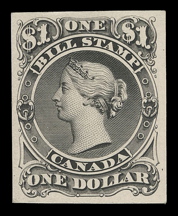 CANADA REVENUES (FEDERAL)  FB18-FB33,"Goodall" stamp size die proofs, printed in black on card mounted india paper, well clear to mostly large margins all around, beautiful fresh colour with sharp impression, rarely seen, VF

We would like to point out that no plate proof of the Second Bill Issue exists in black. The set is lacking both the $2 and $3 denomination; for unknown reasons, the only two values in the "Goodall" set where the frame was engraved without the Queen Victoria Head vignette.