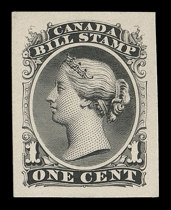 CANADA REVENUES (FEDERAL)  FB18-FB33,"Goodall" stamp size die proofs, printed in black on card mounted india paper, well clear to mostly large margins all around, beautiful fresh colour with sharp impression, rarely seen, VF

We would like to point out that no plate proof of the Second Bill Issue exists in black. The set is lacking both the $2 and $3 denomination; for unknown reasons, the only two values in the "Goodall" set where the frame was engraved without the Queen Victoria Head vignette.