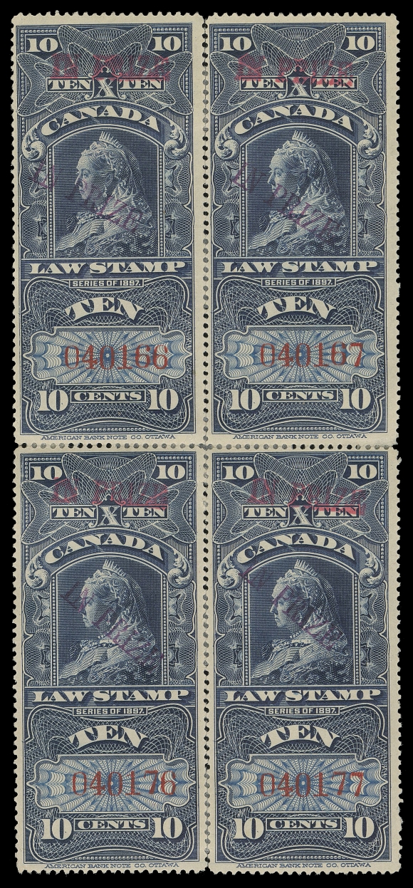 CANADA REVENUES (FEDERAL)  FSC29a,Two rejoined vertical pairs as a block of four with serial numbers "040166-040167 / 040176-040177", displaying two coloured "IN PRIZE" overprints in red and in purple, slight adhesion resulting in minor thins at top, the largest reported multiple, F-VF OG (Van Dam cat. $12,000 as singles)

Provenance: Ed Richardson Revenue Collection, Maresch Sale 126, March 1981; Lot 797
Harry Lussey, R. Lee Auction 90, September 1998; Lot 174 - being the highlight item pictured on the backcover of the catalogue

Of the 80 printed (two sheets) with both overprints, only 27 examples (some of which are used) have been accounted for in the most recent census by Ed Zaluski.