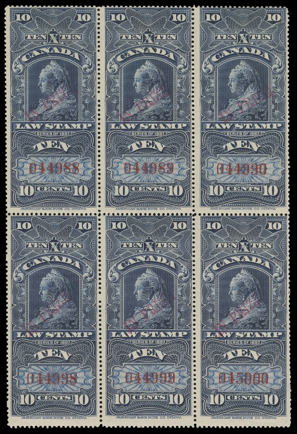 CANADA REVENUES (FEDERAL)  FSC29,An impressive mint block of six overprinted "IN PRIZE" in red with serial numbers "044988 / 045000" originating from the second of the 10 sheets of 40 overprinted, slight paper adhesion near hinging, couple stamps thin and some split perfs but a rarely seen block, Fine OG (Van Dam; cat. $5,700)

Provenance: Dr. Frank Morgan, Sissons Sale 253, October 1966; Lot 114
