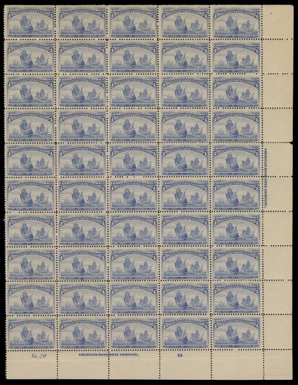 USA  233,A mint pane of 50 stamps, brilliant fresh colour, folded twice horizontally along perforations, small flaw in right margin only, stamps with full original gum, never hinged, mostly Fine or better NH (Scott cat. US$9,450)