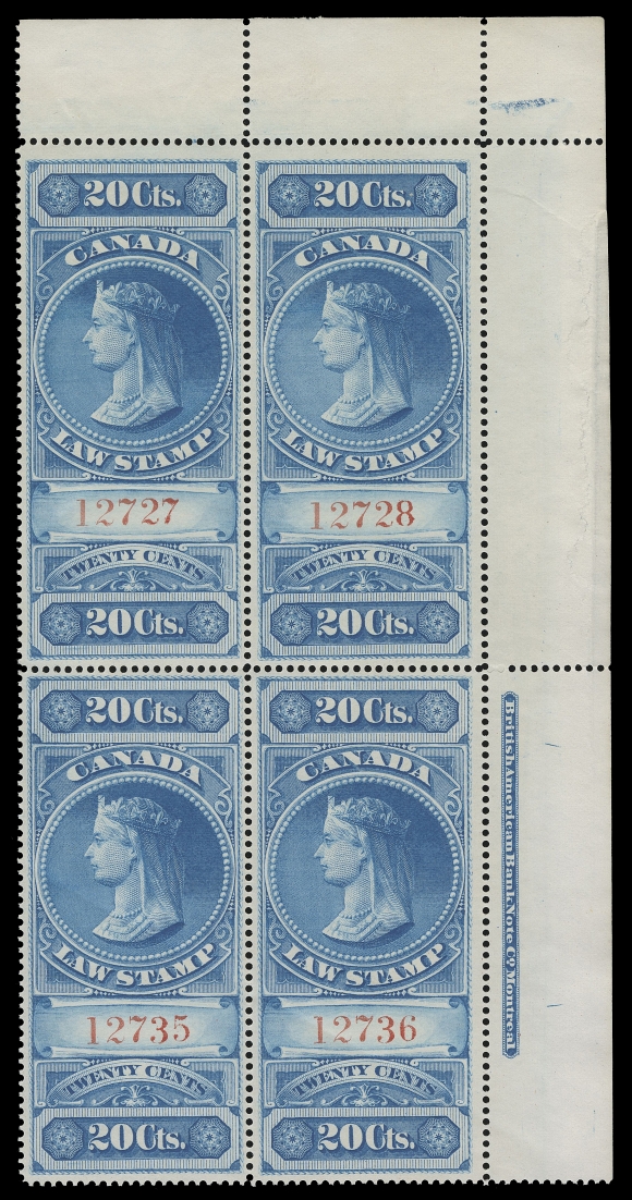 CANADA REVENUES (FEDERAL)  FSC2,Matched set of BABN plate imprint corner blocks, exceptionally fresh with red serial numbers, upper left block with natural gum skips at top, upper right block with natural gum bends, a very scarce set of imprint blocks, F-VF NH (Van Dam cat. $3,080+)