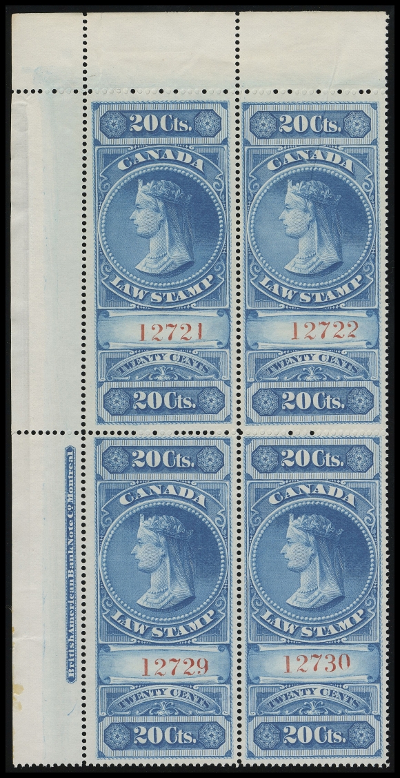 CANADA REVENUES (FEDERAL)  FSC2,Matched set of BABN plate imprint corner blocks, exceptionally fresh with red serial numbers, upper left block with natural gum skips at top, upper right block with natural gum bends, a very scarce set of imprint blocks, F-VF NH (Van Dam cat. $3,080+)