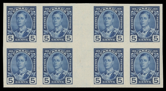 CANADA -  8 KING GEORGE V  211-215,The complete set of five plate proof blocks of eight on card mounted india paper with vertical gutter margins between (the 13c does not exist in this format), all with rich colours and in choice condition. A maximum of 16 sets can exist, XF