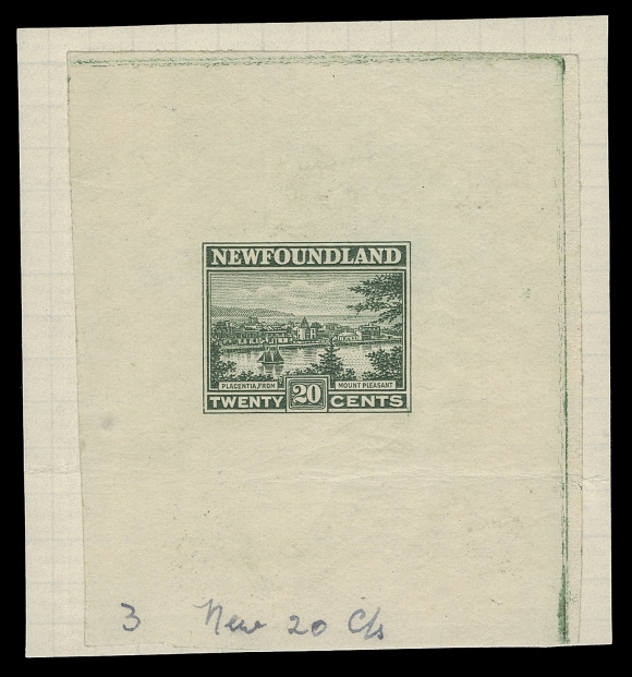 NEWFOUNDLAND -  4 1897-1947 ISSUES  143,A very scarce set of four De La Rue Trial Colour Large Die Proofs in shades of green ranging from greenish black to yellowish green, printed on gummed on yellowish wove paper partially adhering to quadrilled ledger pieces, each with manuscript numbers "1" to "4" with the colour code (the stamp was eventually issued in red brown). Usual minor creasing for these, otherwise VF