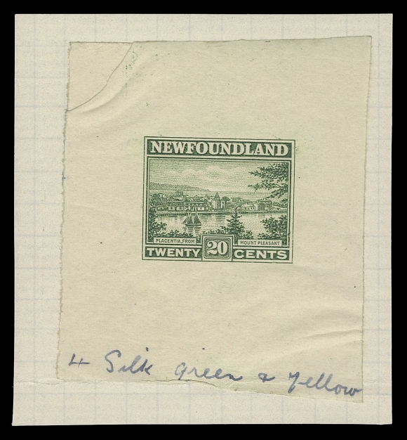 NEWFOUNDLAND -  4 1897-1947 ISSUES  143,A very scarce set of four De La Rue Trial Colour Large Die Proofs in shades of green ranging from greenish black to yellowish green, printed on gummed on yellowish wove paper partially adhering to quadrilled ledger pieces, each with manuscript numbers "1" to "4" with the colour code (the stamp was eventually issued in red brown). Usual minor creasing for these, otherwise VF