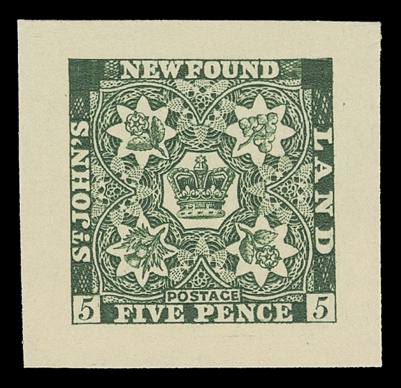 NFLD. TRADE SAMPLE PROOFS  Plate 1A, Paper 10,(1929 - defaced state) Trade Sample Die Proofs printed in yellow green on the scarcer thick yellow wove paper (0.007" to 0.008" thick). The complete set of nine denominations including both dies of the 3 penny triangle. Rare and visually striking, XF