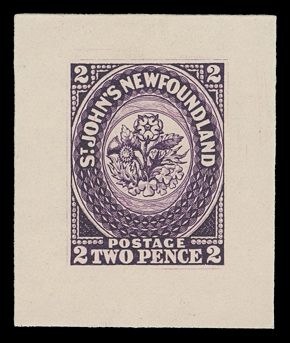 NFLD. TRADE SAMPLE PROOFS  Plate 1, Paper 9,(1929) Trade Sample Die Proofs printed in purple on white diagonal mesh wove paper (0.004" to 0.0045" thick), the second state of the plate with the 4 pence displaying the characteristic scars; the complete set of nine denominations with both dies of the 3 penny. Exceptionally fresh and choice, XF