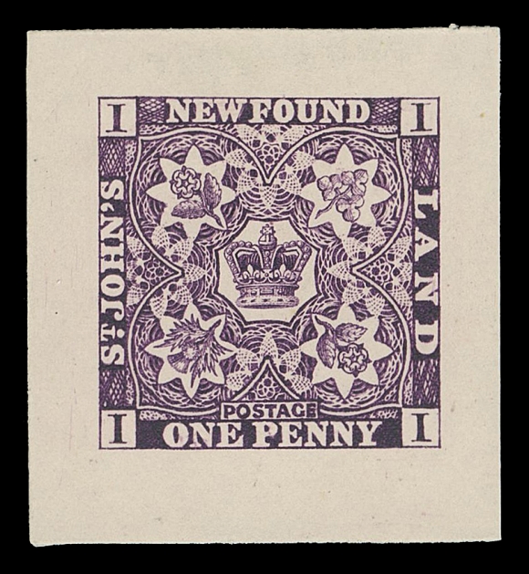 NFLD. TRADE SAMPLE PROOFS  Plate 1, Paper 9,(1929) Trade Sample Die Proofs printed in purple on white diagonal mesh wove paper (0.004" to 0.0045" thick), the second state of the plate with the 4 pence displaying the characteristic scars; the complete set of nine denominations with both dies of the 3 penny. Exceptionally fresh and choice, XF