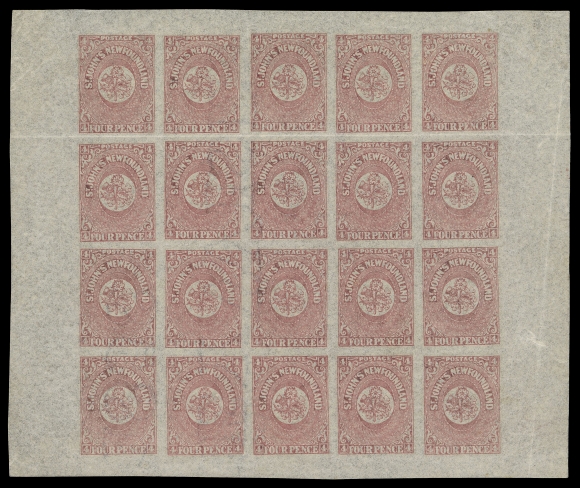 NEWFOUNDLAND -  1 PENCE  18, 18ii,Mint sheet with large portion watermark (STA)CEY WISE / 1858 over six stamps, ten are NH including all watermarked stamps, crease between first and second rows and crease in right margin, a scarce watermarked sheet, VF (Unitrade cat. $1,860)