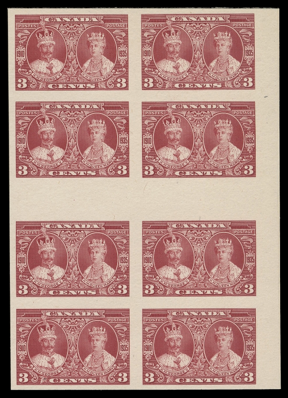CANADA -  8 KING GEORGE V  211-216,The complete set of six plate proof blocks of eight in the issued colours on card mounted india paper, with horizontal gutter margins between and matching sheet margin at right; choice and attractive, only four such sets can exist, VF-XF