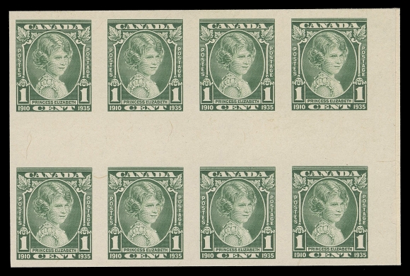 CANADA -  8 KING GEORGE V  211-216,The complete set of six plate proof blocks of eight in the issued colours on card mounted india paper, with horizontal gutter margins between and matching sheet margin at right; choice and attractive, only four such sets can exist, VF-XF