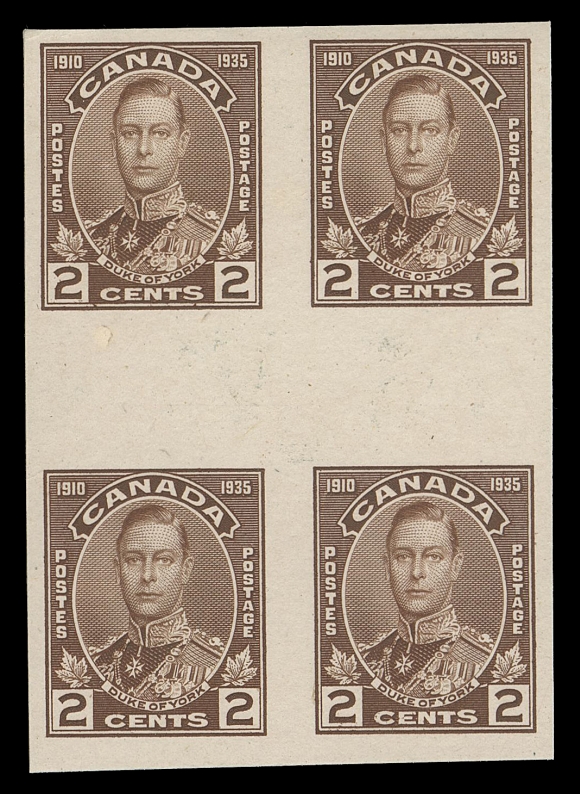 CANADA -  8 KING GEORGE V  211-216,An attractive set of six plate proof multiples in issued colours on card mounted india paper, the 1c, 2c & 5c in blocks of four, the 3c, 10c & 13c in vertical strips of four. Each with horizontal gutter margin between lower and top pairs; VF and choice (Unitrade lists the 3c, 10c & 13c at $1,250 each)