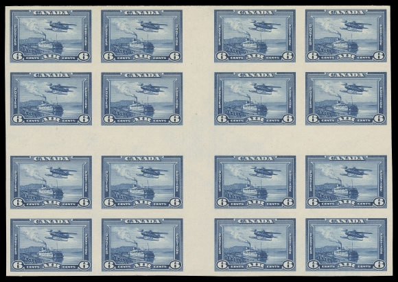 CANADA - 12 AIRMAILS  C6,Cross gutter margin plate proof block of sixteen in the issued colour on card mounted india paper, most striking and extremely rare - one of just two known, XF (Unpriced in Unitrade)