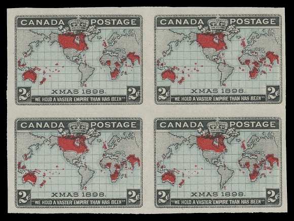 CANADA -  6 1897-1902 VICTORIAN ISSUES  86a,A bright fresh mint imperforate block with blue oceans, radiant colours and ungummed as issued, VF