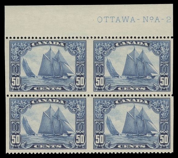 CANADA -  8 KING GEORGE V  158b,A brilliant fresh mint block imperforate vertically and showing large portion of Plate 2 imprint (from right side of the sheet); very few plate imprint part-perforate blocks exist, F-VF NH (Cat. as two pairs only)