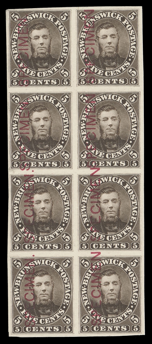 NEW BRUNSWICK  5Piv, 5Pvi,A rare plate proof block of ten printed in dark red brown on card mounted india paper, overprinted SPECIMEN in red; left column with Type B specimen and right column with scarce Type D specimen - thin sans-serif lettering, no dot after "N" (only the fifth column received the Type D overprint), most attractive and certainly one of the largest known  blocks with the Type D overprint, VF