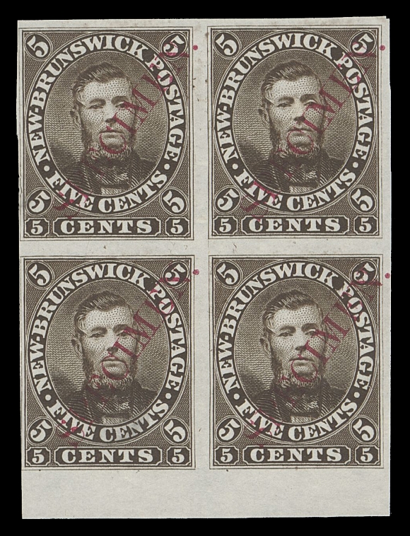 NEW BRUNSWICK  5Piii,Plate essay block printed in dark red brown on india paper with diagonal SPECIMEN overprint - serif lettering in red, on india paper with sheet margin at foot, close margin at left and small translucent spot on lower left proof likely of natural cause, a scarce proof block, F-VF