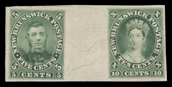 NEW BRUNSWICK  5, 9,"Goodall" Compound Die Essay, ample margins all around and printed in green on india paper measuring 53 x 25mm and affixed to non-contemporary card of similar size; minor wrinkling and some adhesion on back. Despite the trivial imperfections very few compound die proofs in any condition survive. A major rarity with VF appearanceProvenance: Robert V.C. Carr, Siegel, October 1987; Lot 878Literature: Illustrated in Capex 