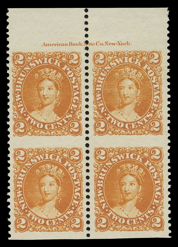 NEW BRUNSWICK  7a,A visually striking block of four, imperforate horizontally in  error, very well centered and showing the full ABNC imprint in  the top margin, ungummed as are all known examples of this  elusive error, VF+ (Unitrade cat. as two pairs only)