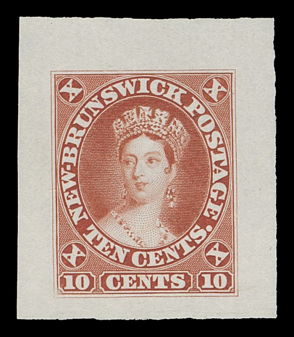NEW BRUNSWICK  9,A very rare set of four "Goodall" die proofs, engraved and printed in greenish blue, bluish green, brownish red and dark yellow brown, on characteristic size india paper 26-29 x 30-32mm; natural india fibre inclusion on greenish blue proof and small nick at left on bluish green proof, negligible for these very elusive coloured proofs, VF