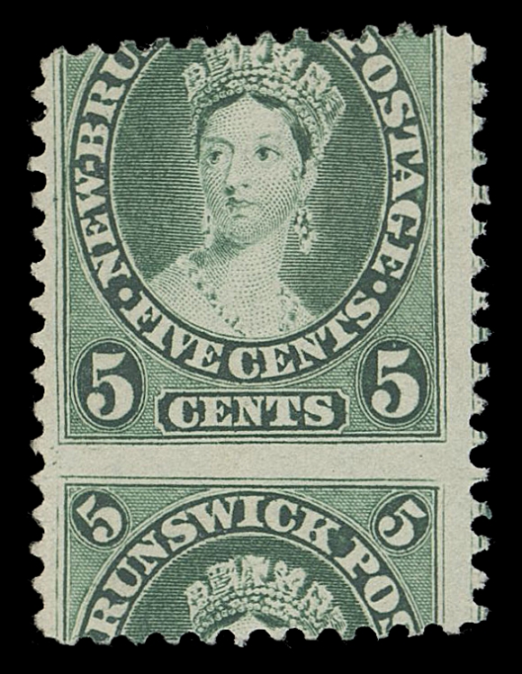 NEW BRUNSWICK  8 variety,A dynamic unused duo in two distinct shades, one a major pre-perforation paper fold resulting in a langled "blank" stamp, light crease as a result of the variety; the other a major perforation shift (9mm down), F-VF