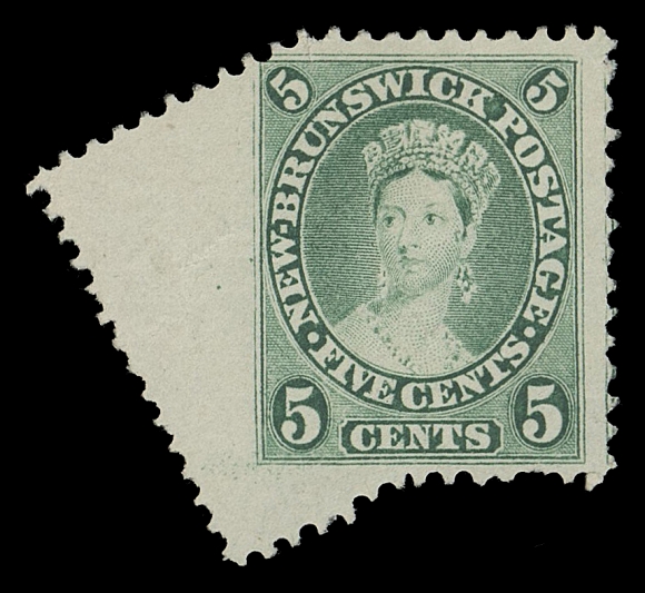 NEW BRUNSWICK  8 variety,A dynamic unused duo in two distinct shades, one a major pre-perforation paper fold resulting in a langled "blank" stamp, light crease as a result of the variety; the other a major perforation shift (9mm down), F-VF