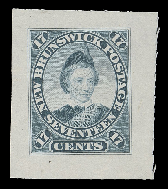NEW BRUNSWICK  11,"Goodall" Die Proof in greenish blue on characteristic sized india paper 26 x 30mm, rare as less than half a dozen were printed in this colour, VF