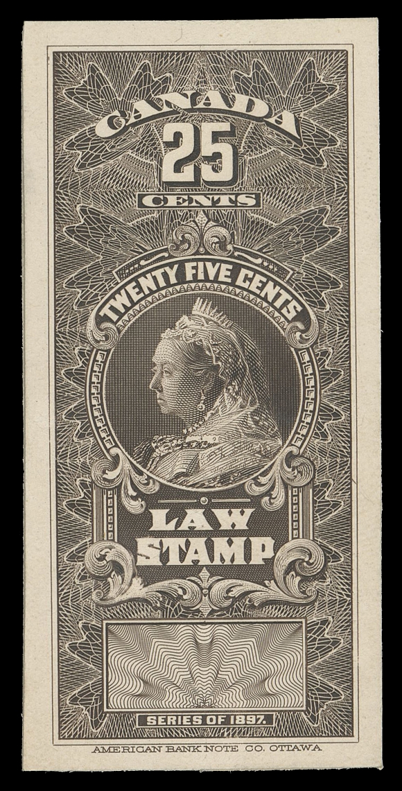 CANADA REVENUES (FEDERAL)  Engraved Die Essay printed brown on india paper, large even margins, mounted on archival card; intended for the 1897 issue but never issued. A beautiful and rare essay, VF