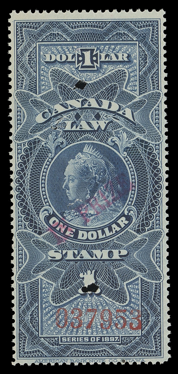 CANADA REVENUES (FEDERAL)  FSC30,An attractive, fresh and nicely centered example with serial number "037953", "IN PRIZE" overprint in red, punch cancelled; pencil signed by K. Bileski on reverse, VF