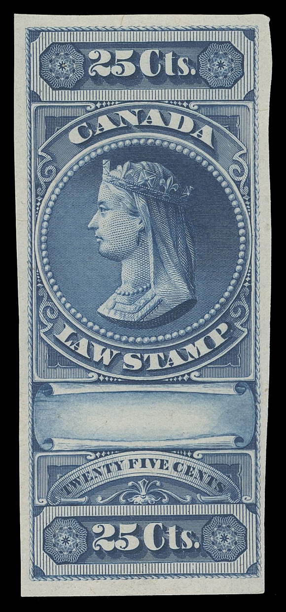CANADA REVENUES (FEDERAL)  FSC1/FSC6,Five different trial colour proofs, all stamp size in dark blue (indigo) on india paper, only lacking the $1 value. Showing adequate to large margins all around, a few minor india flaws quite normal for this fragile paper, F-VF