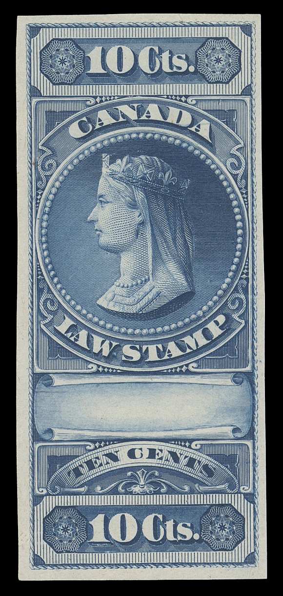 CANADA REVENUES (FEDERAL)  FSC1/FSC6,Five different trial colour proofs, all stamp size in dark blue (indigo) on india paper, only lacking the $1 value. Showing adequate to large margins all around, a few minor india flaws quite normal for this fragile paper, F-VF