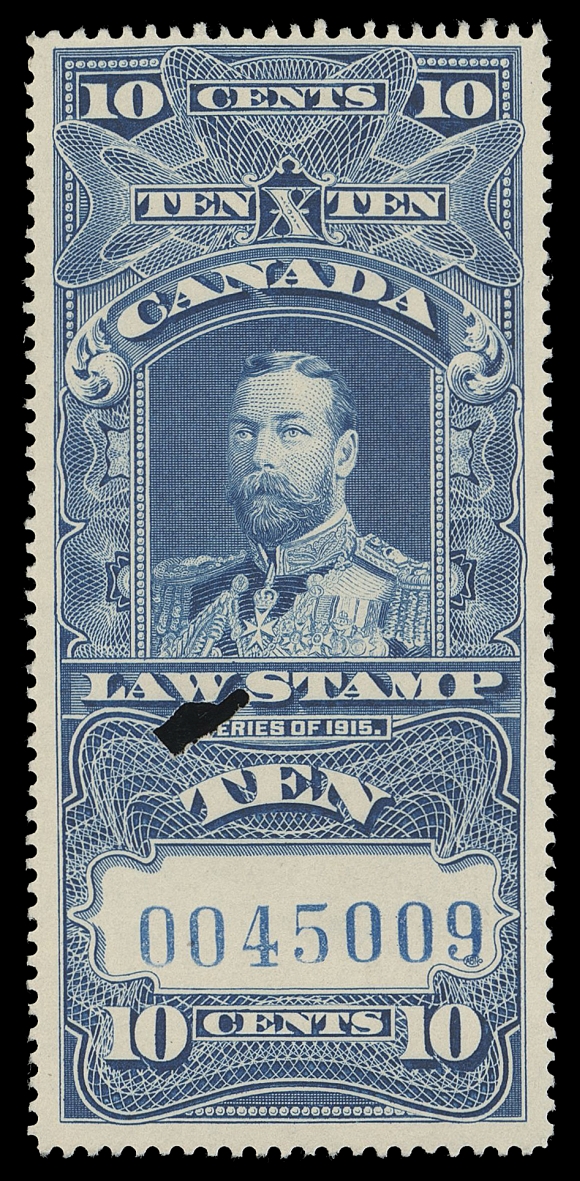 CANADA REVENUES (FEDERAL)  FSC13,A pristine fresh used example of this elusive Supreme Court stamp, blue serial number "0045009", single punch cancel, bright colour, F-VF