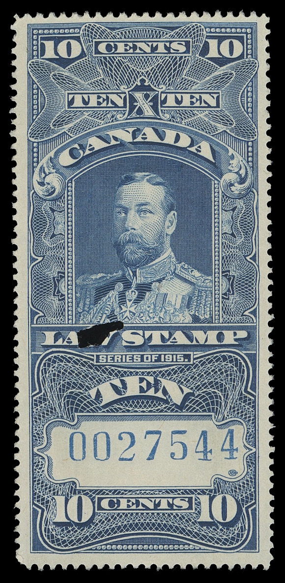 CANADA REVENUES (FEDERAL)  FSC13,A selected used example of this key Supreme Court stamp, blue serial number "0027544", single punch cancel, rich colour with very sharp impression on fresh paper, scarce this nice, VF