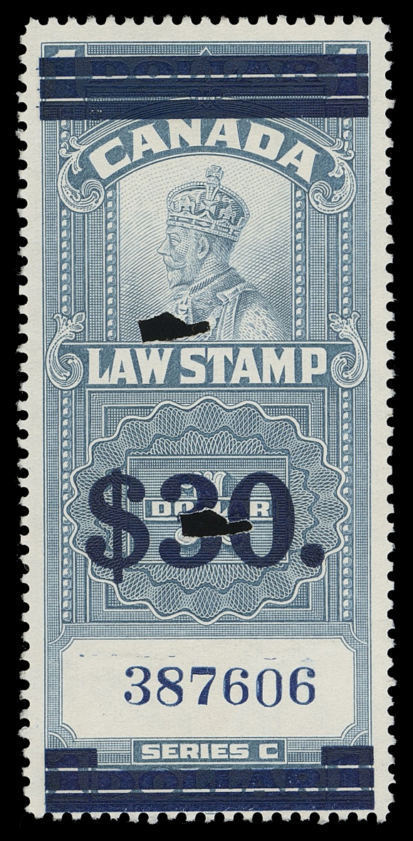 CANADA REVENUES (FEDERAL)  FSC19,A nice used example with royal blue surcharge, horizontal bars at top and at foot, serial number "387606", punch cancels, brilliant colour, F-VF; only 1,040 examples received this surcharge.