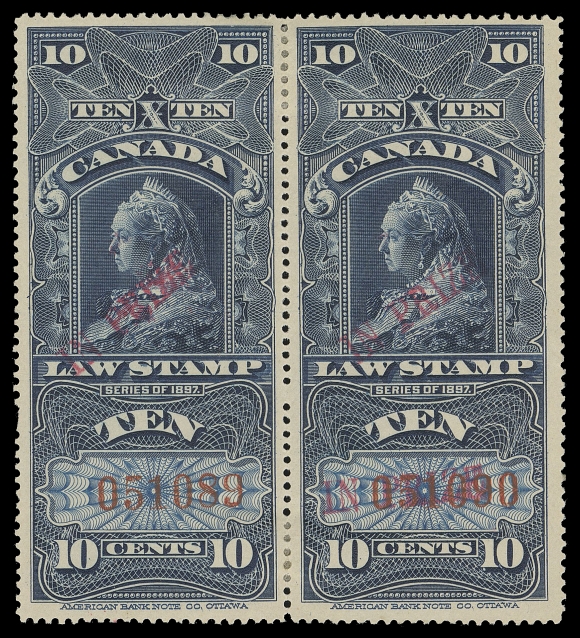 CANADA REVENUES (FEDERAL)  FSC29, FSC29b,A remarkably well centered mint horizontal pair with deep rich colour, serial numbers "051089" and "051090", overprinted "IN PRIZE" in red, right stamp shows a DOUBLE RED OVERPRINT error (second overprint clearly shows running through the serial number. In choice condition with full original gum, highly attractive and a major "In Prize" rarity, VF OG

Provenance: Ed Richardson Revenue Collection, Maresch Sale 126, March 1981; Lot 801
Harry Lussey, R. Lee Auction 90, September 1998; Lot 173

Literature: Illustrated in Capex 