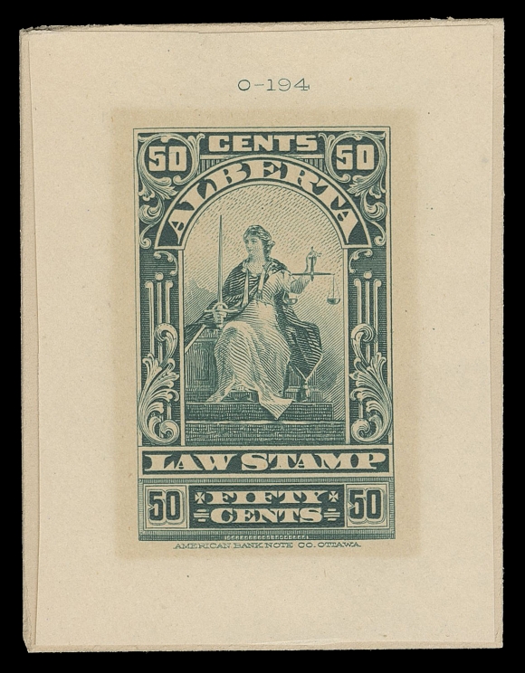 CANADA REVENUES (PROVINCIAL)  AL27/AL39,An impressive and UNIQUE assembly of eight different Die Proofs from the original set of 1910. Includes 5c, 10c, 20c, 50c, 75c, $3, $5 and $10 all in issued colours on horizontal mesh wove paper with respective die numbers "O-193 / O-202", mounted on slightly larger matte card, VF

Provenance: Ed Richardson, Maresch Sale 126, March 1981; Lot 994 offered on presentation board.

Originally encased on a large presentation board, these proofs where subsequently removed in early 1990s; the 25c, $1 and $2 proofs are no longer present.