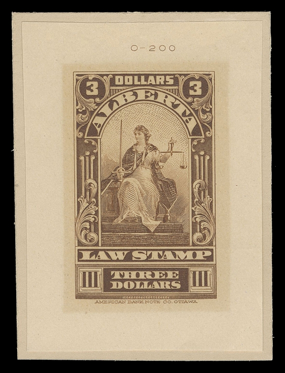 CANADA REVENUES (PROVINCIAL)  AL27/AL39,An impressive and UNIQUE assembly of eight different Die Proofs from the original set of 1910. Includes 5c, 10c, 20c, 50c, 75c, $3, $5 and $10 all in issued colours on horizontal mesh wove paper with respective die numbers "O-193 / O-202", mounted on slightly larger matte card, VF

Provenance: Ed Richardson, Maresch Sale 126, March 1981; Lot 994 offered on presentation board.

Originally encased on a large presentation board, these proofs where subsequently removed in early 1990s; the 25c, $1 and $2 proofs are no longer present.