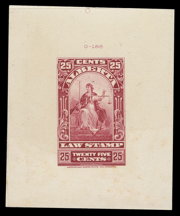 CANADA REVENUES (PROVINCIAL)  AL30,Large Die Proof printed in lake red on india paper on nearly same size card; the hardened die with die number "O-188"; ABNC archival adhesive marks on reverse. A very rare die proof, VF
