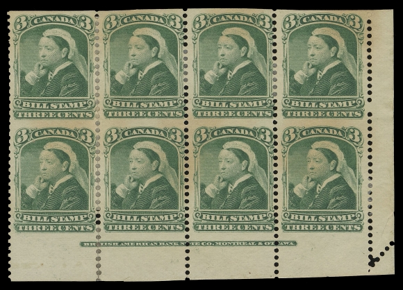 CANADA REVENUES (FEDERAL)  FB40b,Lower right corner block of eight imperforate horizontally in error, full BABN plate imprint at foot; left pair severed and rejoined, light traces of toning, a very rare plate block, Fine OG (Van Dam cat. $1,400 as four pairs)